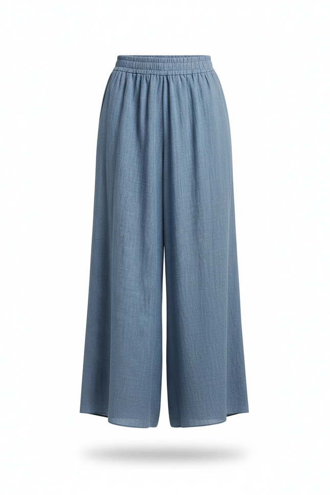 Pantalon En Lin Bleu Ample Fluide Élastique Femme - vue 3