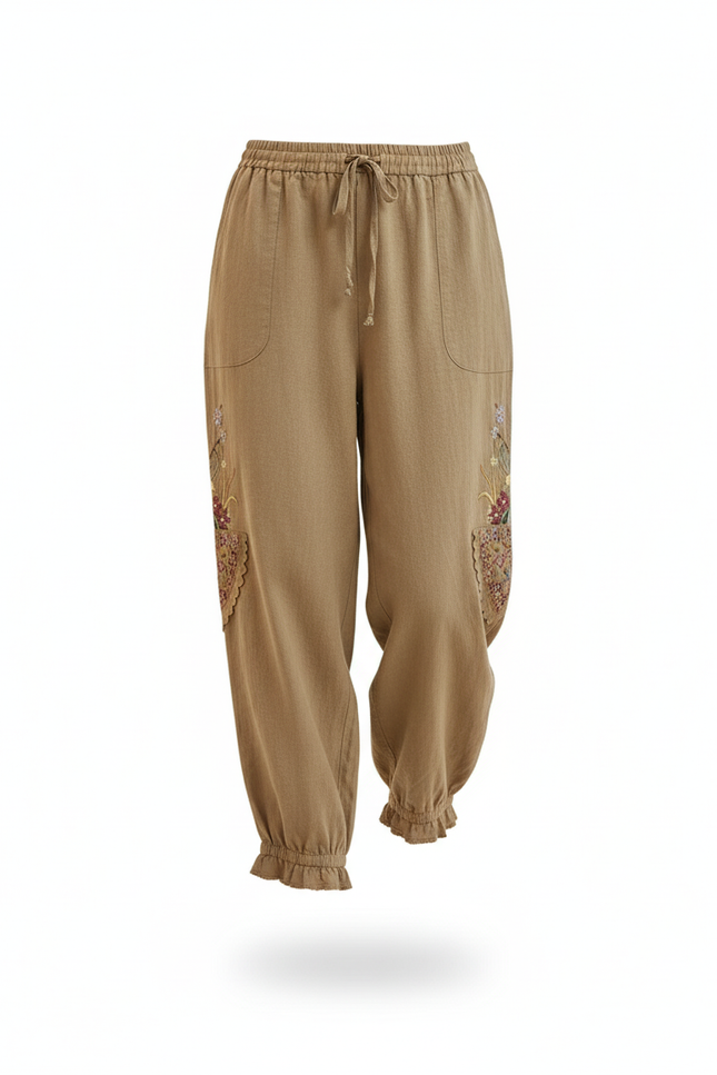 Pantalon En Lin Brodé Harem Ample Coton Femme - Kaki - vue 3