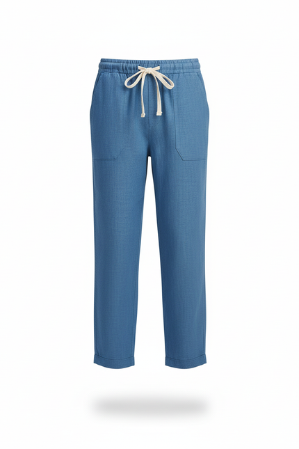 Pantalon En Lin Bleu Enfant Ample Cordon Décontracté - vue 3