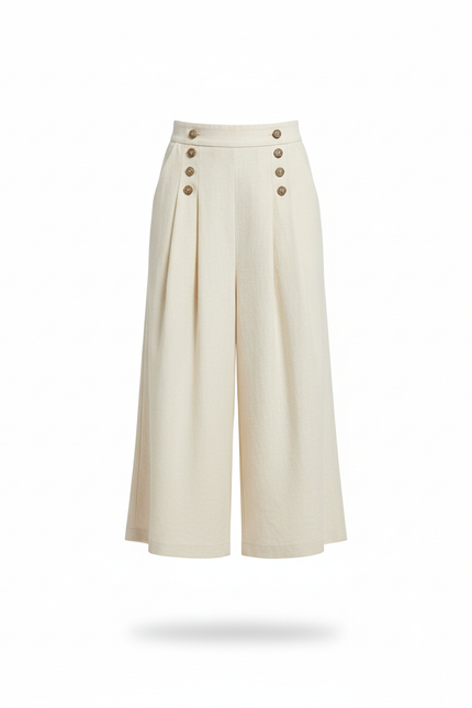Pantalon En Lin Écru Large Boutons Taille Haute - Beige - vue 3