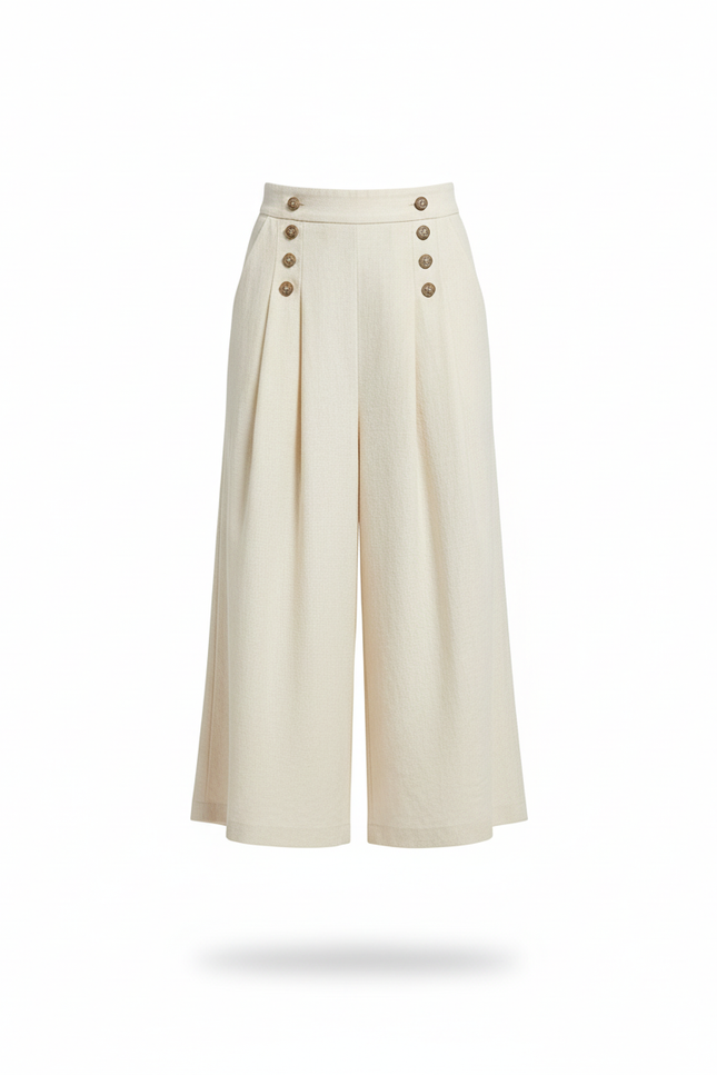 Pantalon En Lin Écru Large Boutons Taille Haute - Beige - vue 3
