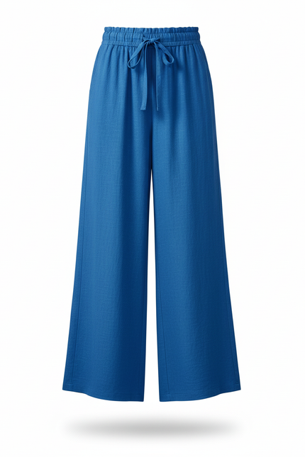 Pantalon En Lin Bleu Élastique Ample Fluide Femme - vue 3