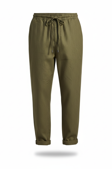 Pantalon En Lin Vert Kaki Ample Décontracté Cordon Homme - vue 3