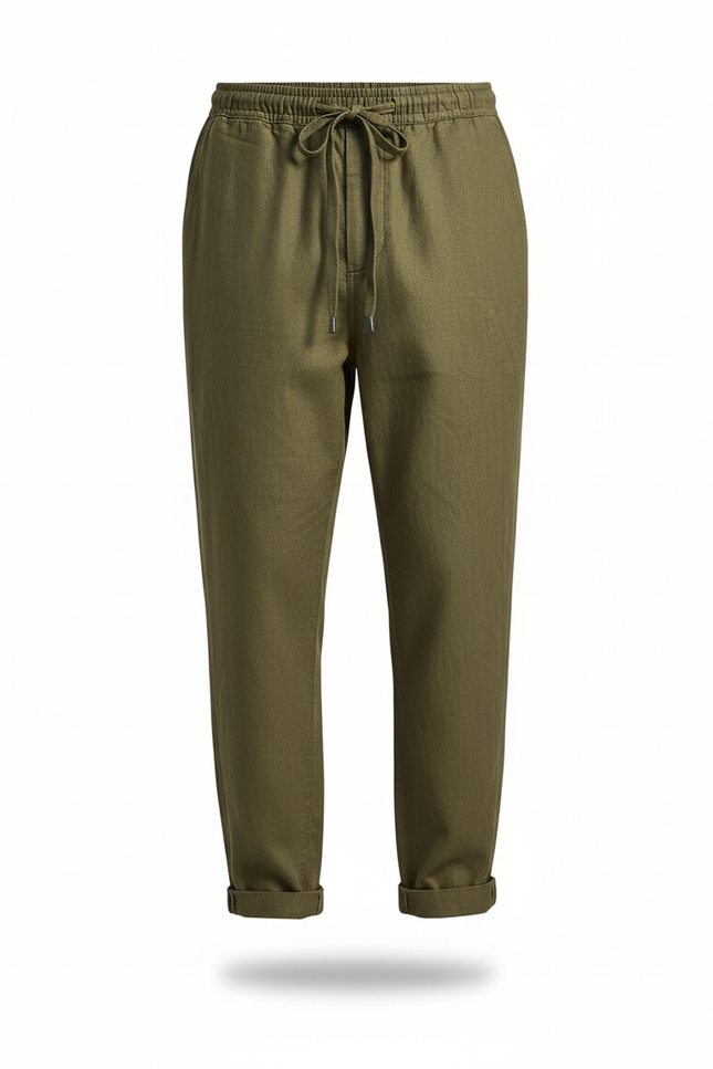 Pantalon En Lin Vert Kaki Ample Décontracté Cordon Homme - vue 3