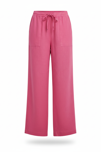 Pantalon En Lin Rose Ample Fluide Cordon Décontracté - vue 3