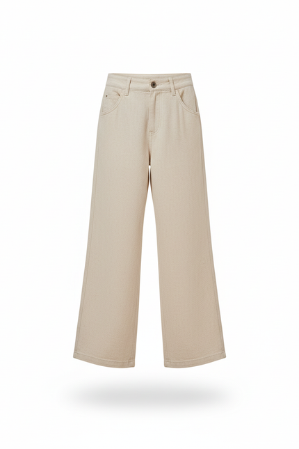 Pantalon En Lin Beige Ample Taille Haute Fille Décontracté - vue 3