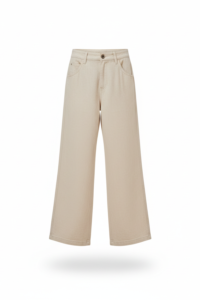 Pantalon En Lin Beige Ample Taille Haute Fille Décontracté - vue 3