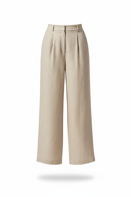 Pantalon En Lin Beige Taille Haute Ample Femme - vue 3