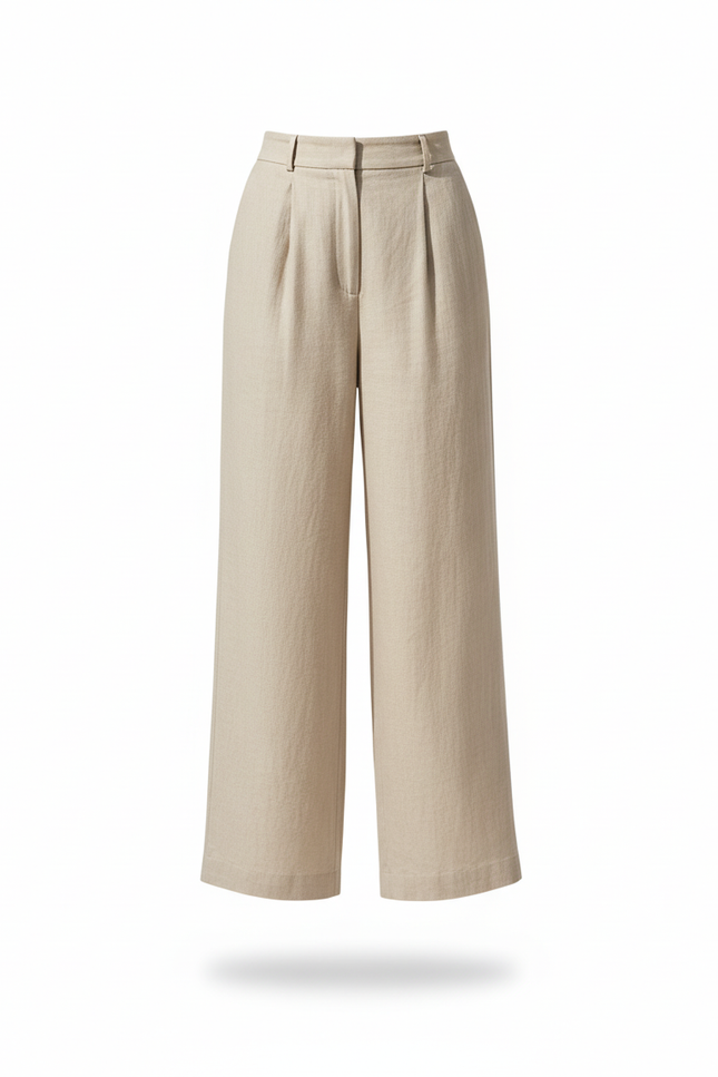 Pantalon En Lin Beige Taille Haute Ample Femme - vue 3