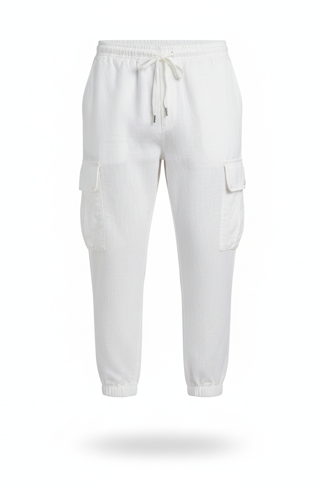 Pantalon En Lin Blanc Cargo Décontracté Cordon - vue 3