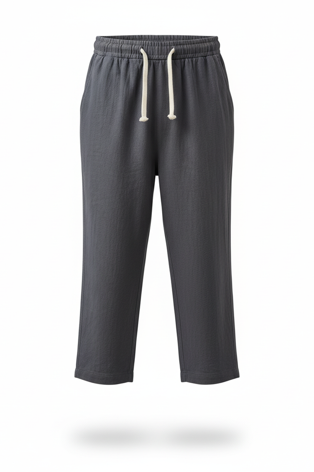 Pantalon En Lin Gris Court Ample Cordon Garçon - vue 3