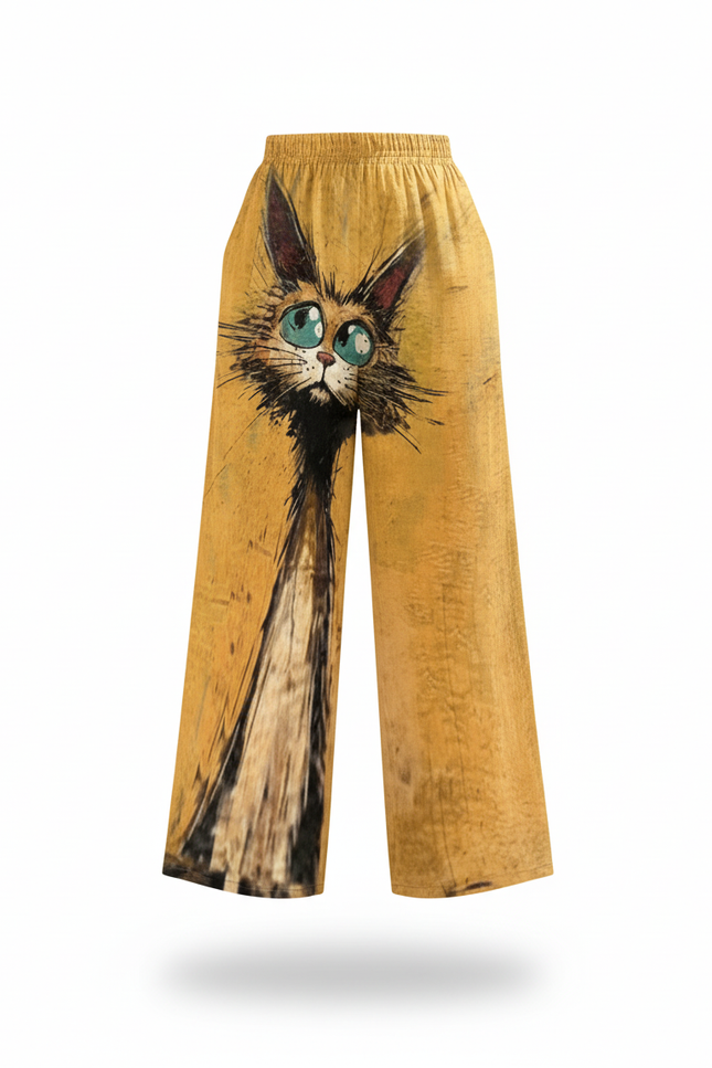 Pantalon En Lin Jaune Ample Imprimé Chat Décontracté - vue 3