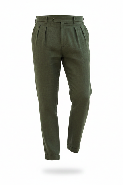 Pantalon En Lin Vert Militaire Plissé Décontracté Homme - vue 3