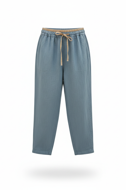 Pantalon En Lin Bleu Ample Taille Élastique Décontracté Fluide - vue 3