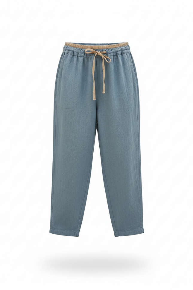 Pantalon En Lin Bleu Ample Taille Élastique Décontracté Fluide - vue 3