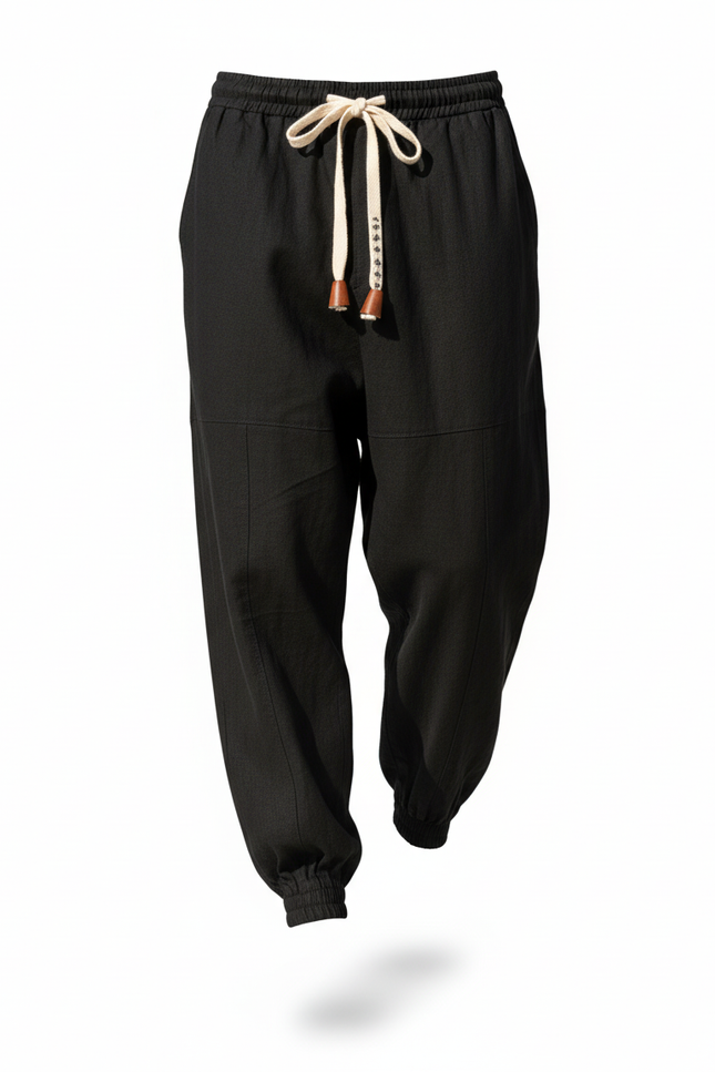 Pantalon En Lin Noir Ample Cordon Homme - vue 3
