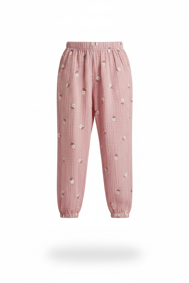 Pantalon En Lin Rose Brodé Enfants Ample Décontracté - vue 3