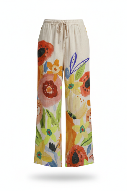 Pantalon En Lin Fluide Ample Imprimé Floral Coloré Décontracté - Multicolore - vue 3