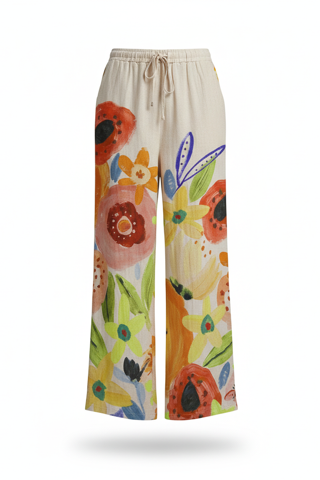 Pantalon En Lin Fluide Ample Imprimé Floral Coloré Décontracté - Multicolore - vue 3
