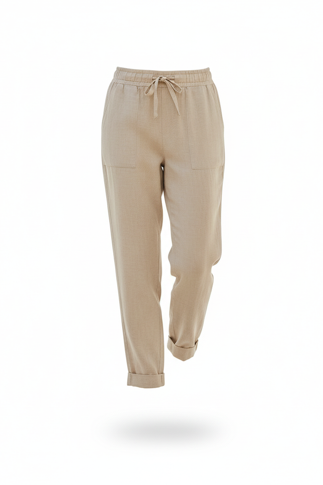 Pantalon En Lin Beige Cordon Décontracté Fluide Léger - vue 3