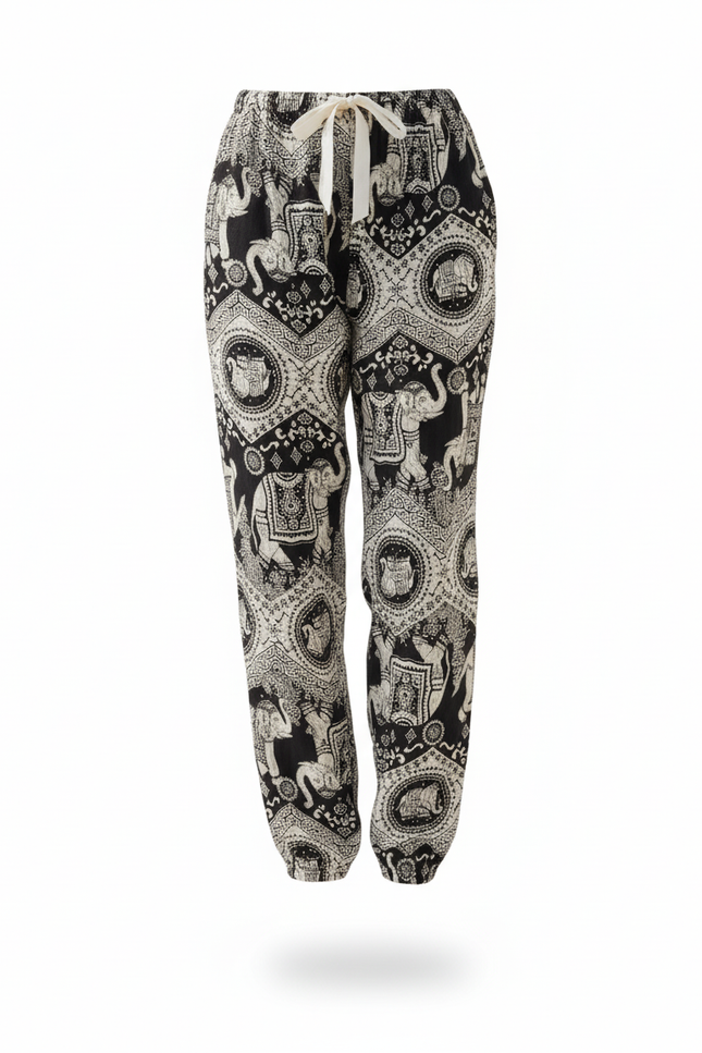 Pantalon En Lin Imprimé Éléphant Fluide Décontracté Estival - vue 3