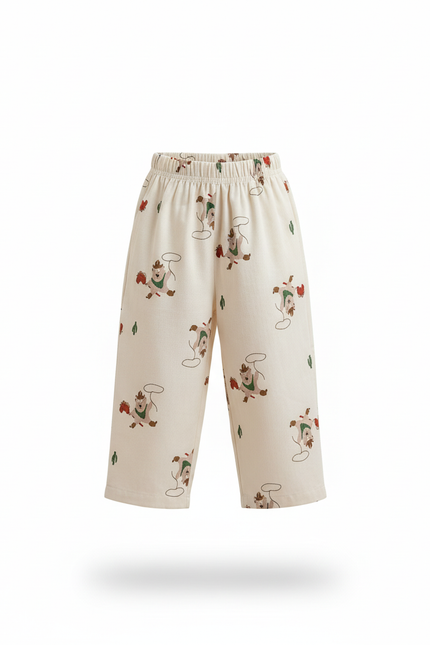 Pantalon En Lin Écru Ample Motifs Rigolos Enfant - Beige - vue 3