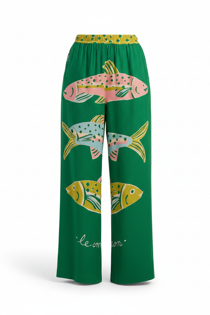 Pantalon En Lin Vert Ample Imprimé Poissons Sardines - vue 3