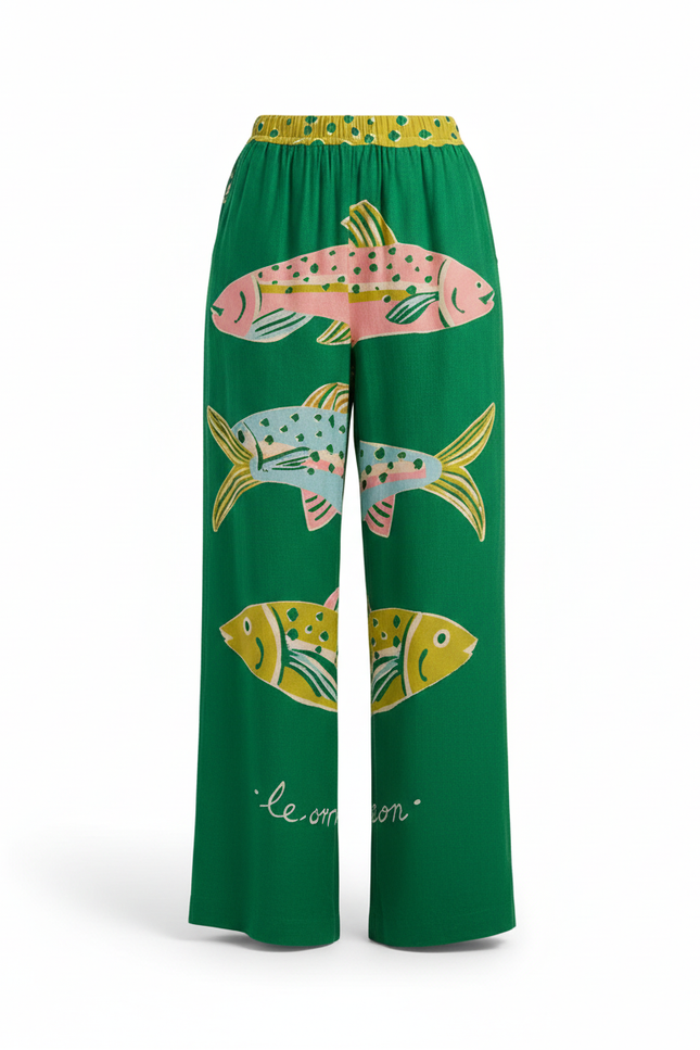Pantalon En Lin Vert Ample Imprimé Poissons Sardines - vue 3