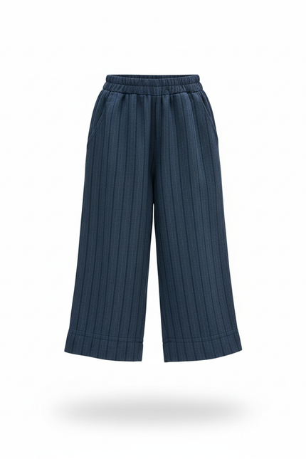 Pantalon En Lin Bleu Marine Rayé Ample Décontracté Enfant - vue 3