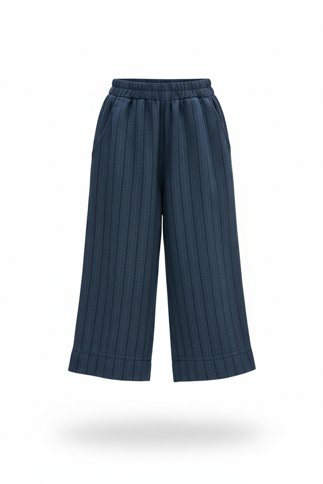 Pantalon En Lin Bleu Marine Rayé Ample Décontracté Enfant - vue 3