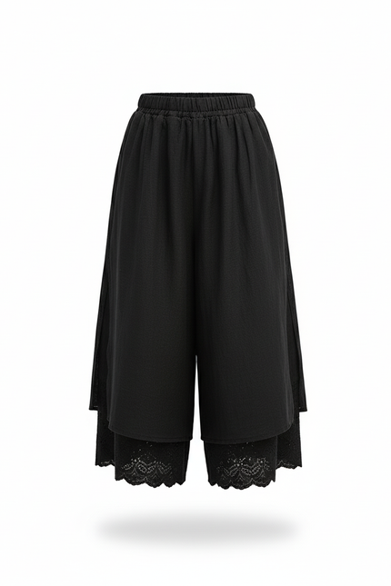 Pantalon En Lin Noir Ample Dentelle Fille Fluide - vue 3