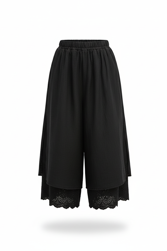 Pantalon En Lin Noir Ample Dentelle Fille Fluide - vue 3