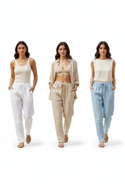 Pantalon En Lin Ample Décontracté Cordon Fluide - Beige - vue 3