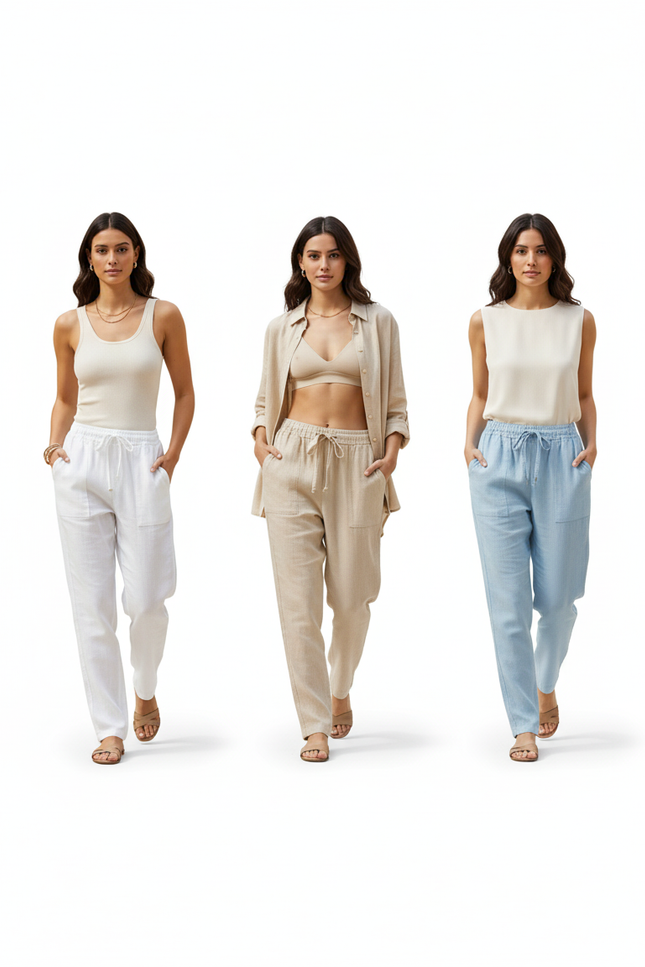 Pantalon En Lin Ample Décontracté Cordon Fluide - Beige - vue 3