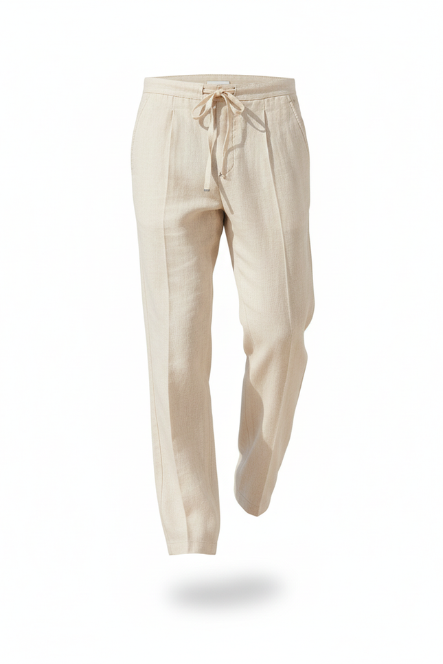 Pantalon En Lin Beige Droit Cordon Léger Décontracté - vue 3