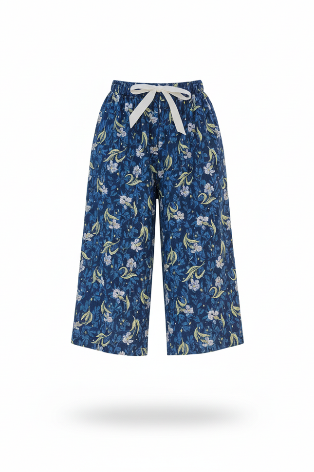 Pantalon En Lin Fleuri Bleu Fluide Estival Ample - vue 3