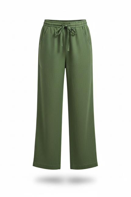 Pantalon En Lin Vert Ample Élastiqué Décontracté Fluide - vue 3
