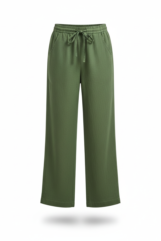 Pantalon En Lin Vert Ample Élastiqué Décontracté Fluide - vue 3