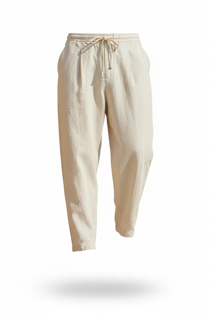 Pantalon En Lin Homme Ample Décontracté Beige Clair Cordon - vue 3