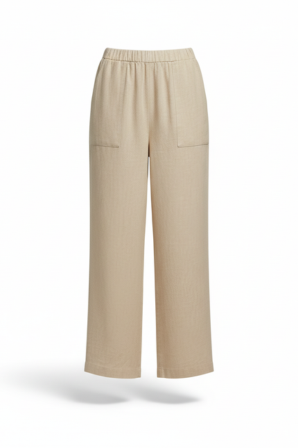 Pantalon En Lin Beige Ample Décontracté Fluide Élastique - vue 3