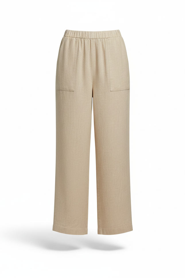 Pantalon En Lin Beige Ample Décontracté Fluide Élastique - vue 3