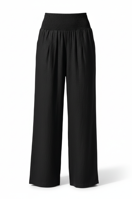 Pantalon En Lin Noir Ample Élastiqué Fluide Femme - vue 3