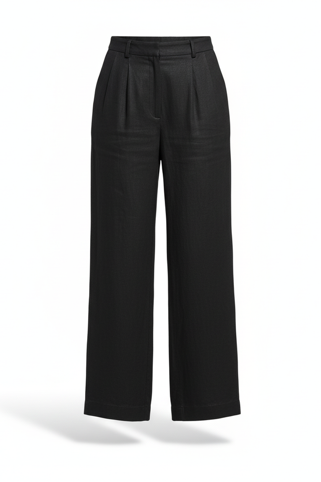Pantalon En Lin Noir Ample Plissé Fluide Femme - vue 3