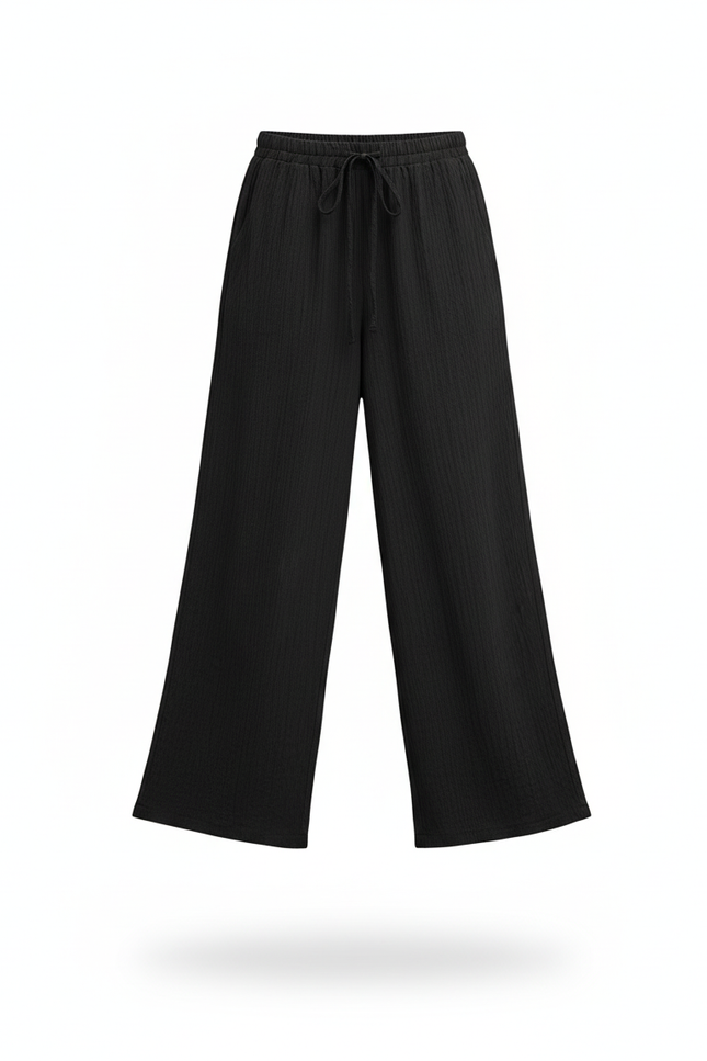 Pantalon En Lin Noir Ample Décontracté Cordon Fluide - vue 3
