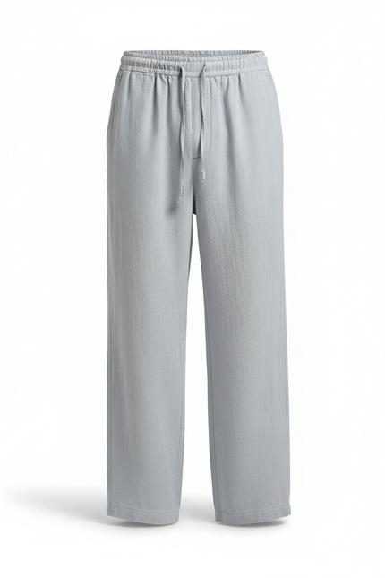 Pantalon En Lin Gris Clair Droit Cordon Décontracté Homme - vue 3
