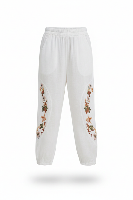 Pantalon En Lin Blanc Brodé Ample Décontracté Fille - vue 3