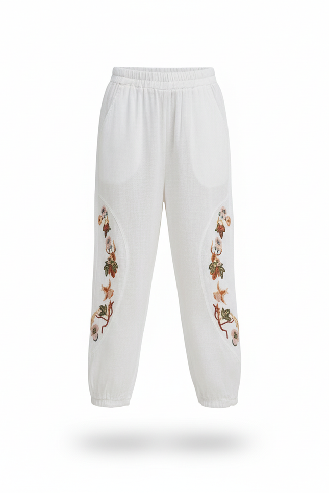 Pantalon En Lin Blanc Brodé Ample Décontracté Fille - vue 3