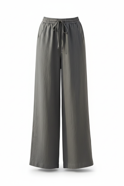 Pantalon En Lin Gris Ample Fluide Décontracté Cordon - vue 3