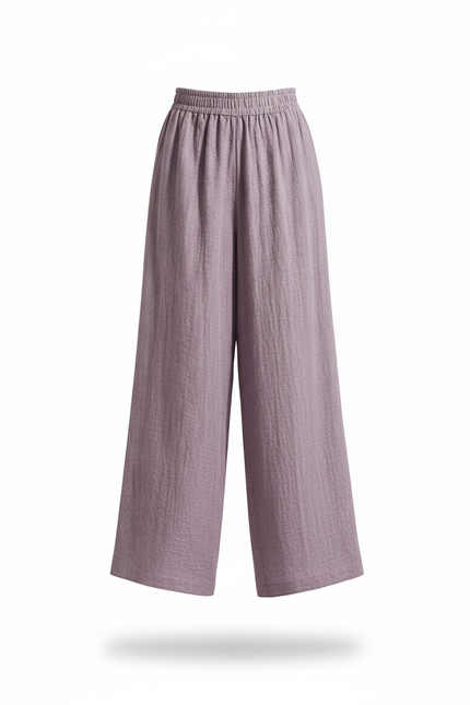 Pantalon En Lin Violet Ample Texturé Taille Élastique - vue 3