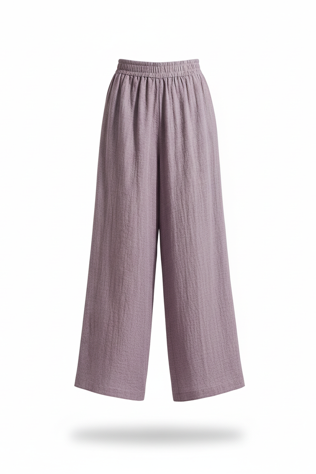 Pantalon En Lin Violet Ample Texturé Taille Élastique - vue 3